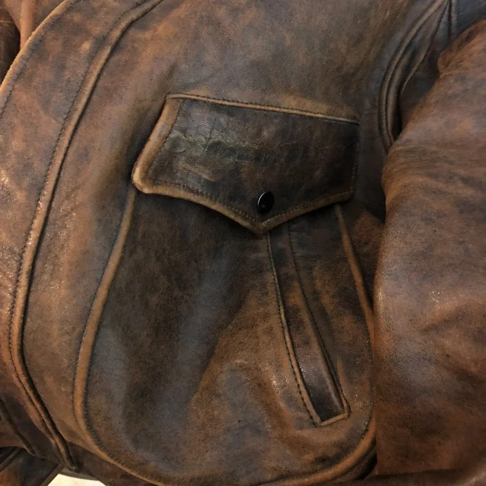 Pioneer Wear Distressed Men's Bomber Style Brown Lamb Leather Jacket Size 44 - Picture 9 of 16